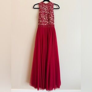 Jodi Kristopher Red Beaded Embroidered Tulle Maxi Dress